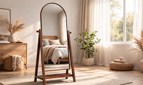 Contemporary wall mirror with metallic frame in neutral interior.